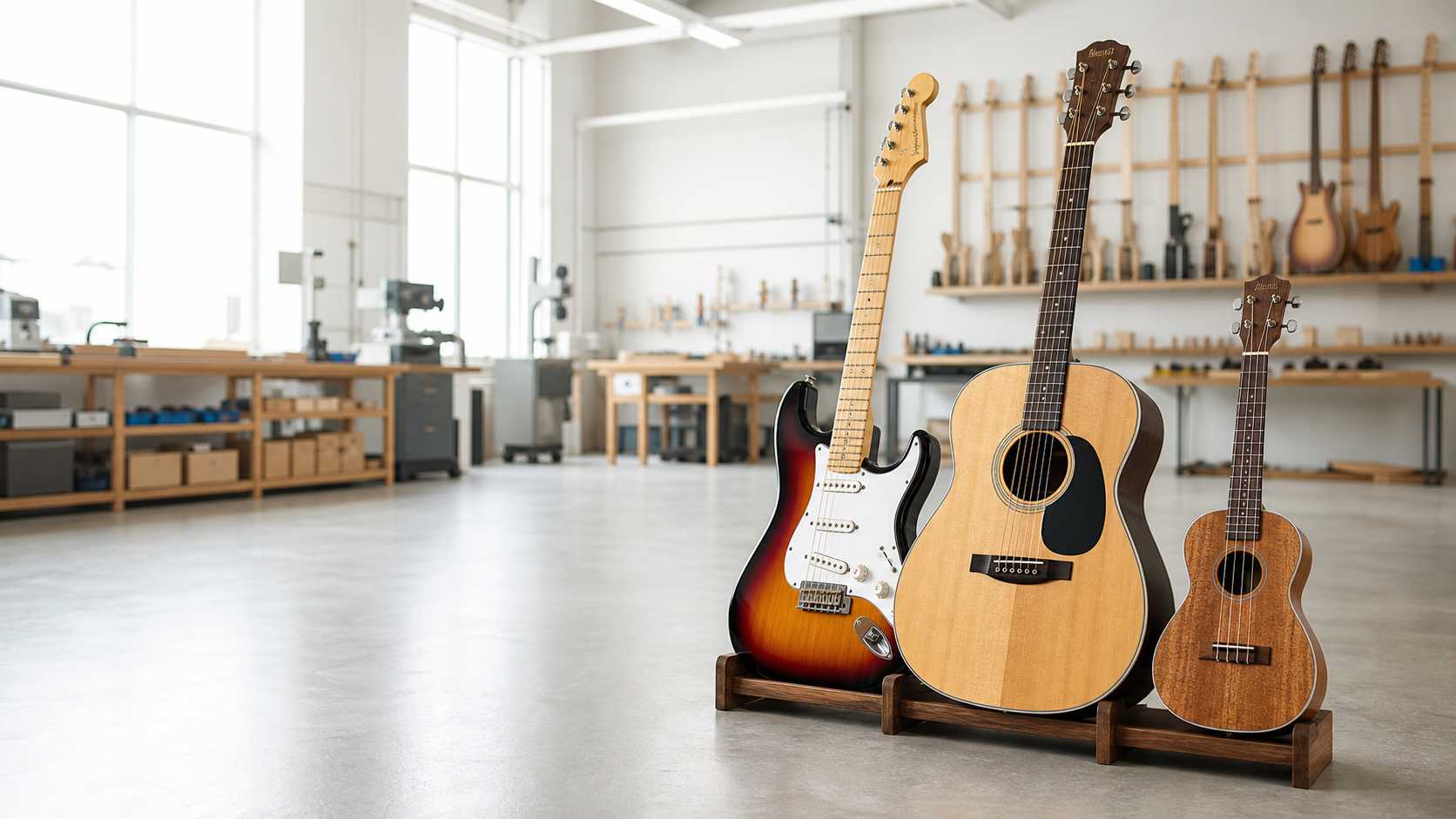 Electric guitar, acoustic guitar and ukulele in a guitar factory workshop